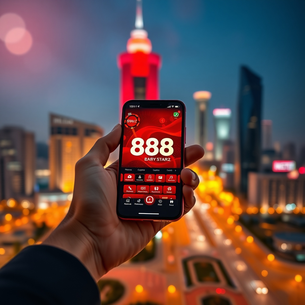 A hand holding a luxury smartphone displaying the official 888starz Uzbekistan app with a sleek red and black interface, background is the Tashkent City skyline with the Hilton and Nest One towers at night, vibrant golden and red bokeh lights, 3D golden c